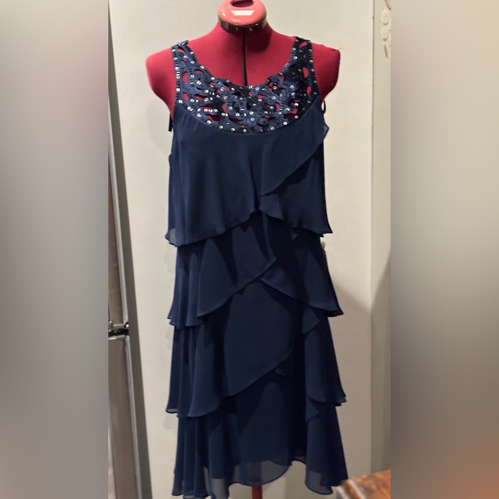 SLNY elegant ruffle layered navy dress new with tags size 16